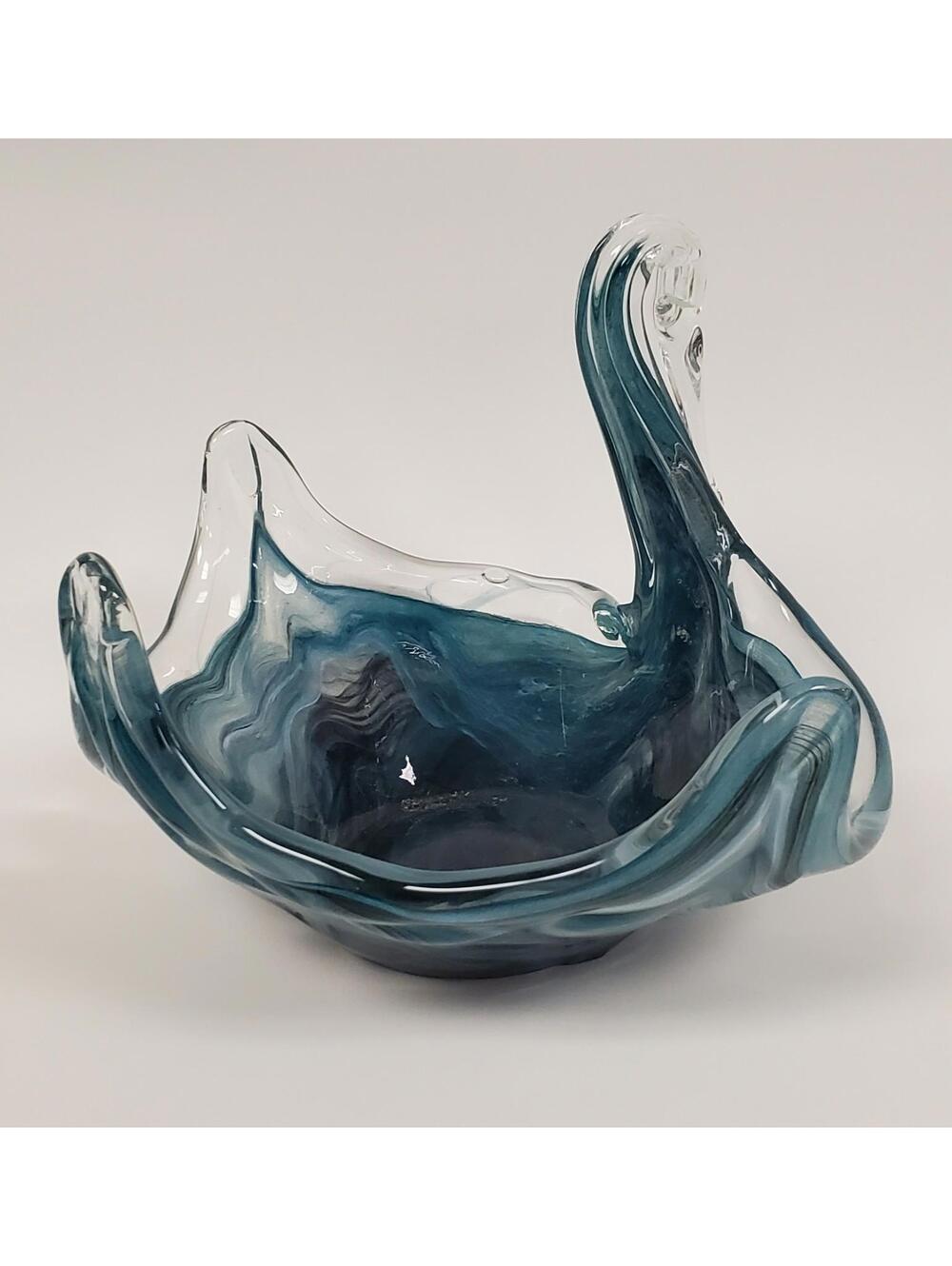 Vintage Murano Art Glass Swan Bowl Blue Swirl Sculpture 7" x 8.5"